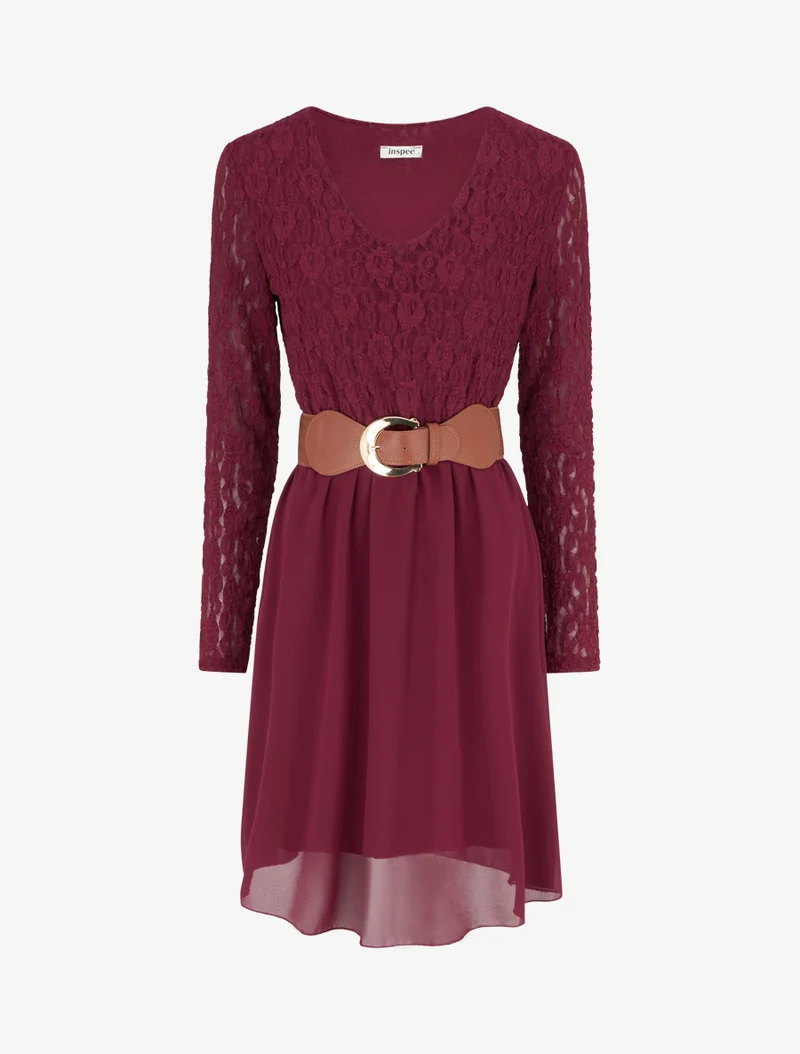 Ausgestelltes Kleid mit Spitzenoberteil - Weinrot