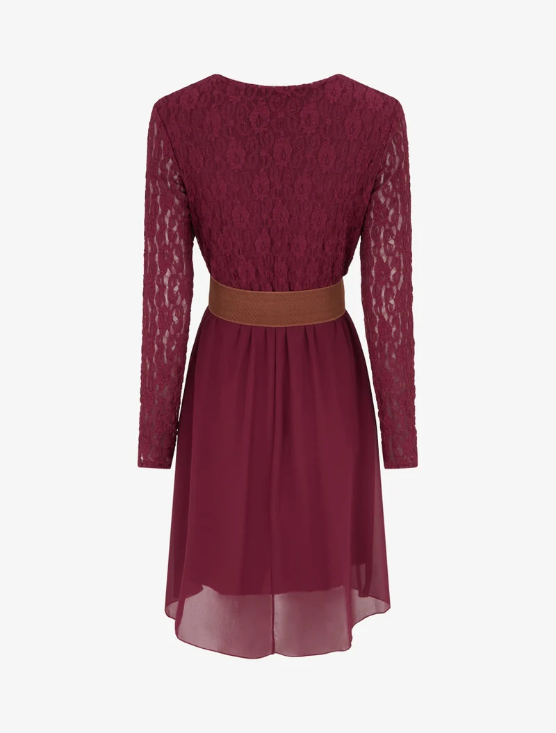 Ausgestelltes Kleid mit Spitzenoberteil - Weinrot
