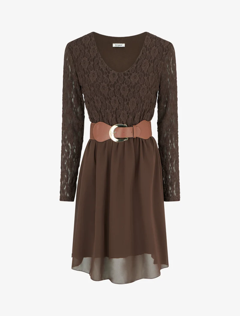 Ausgestelltes Kleid mit Spitzenoberteil - Braun
