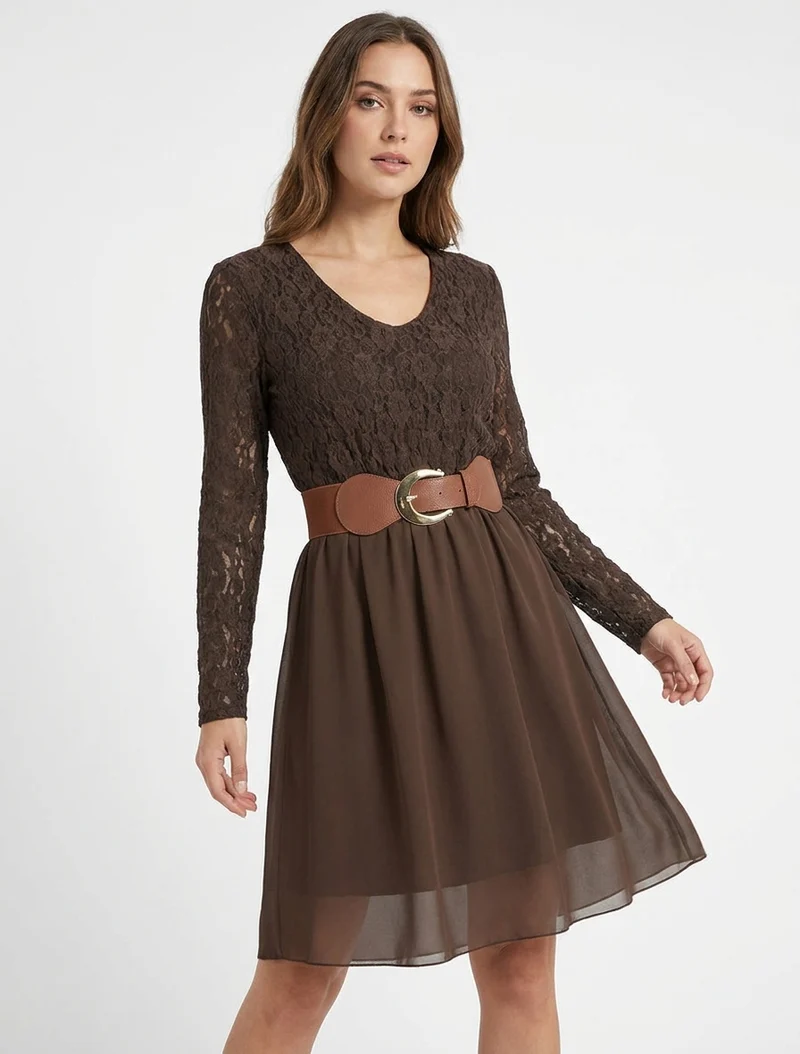 Ausgestelltes Kleid mit Spitzenoberteil - Braun