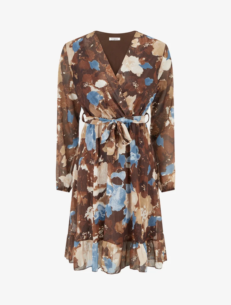 Irisierendes Kleid mit abstraktem Blumenmuster und Rüschenkanten - Braun
