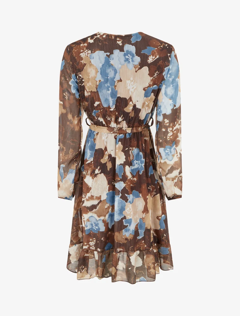 Irisierendes Kleid mit abstraktem Blumenmuster und Rüschenkanten - Braun