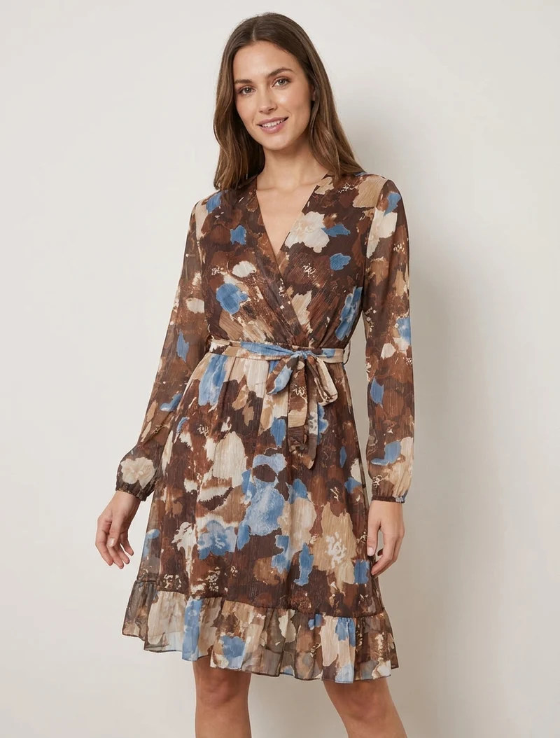Irisierendes Kleid mit abstraktem Blumenmuster und Rüschenkanten - Braun
