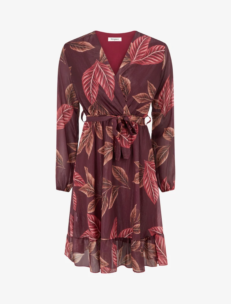 Irisierendes Kleid mit Blätterdruck und Rüschenkanten - Weinrot