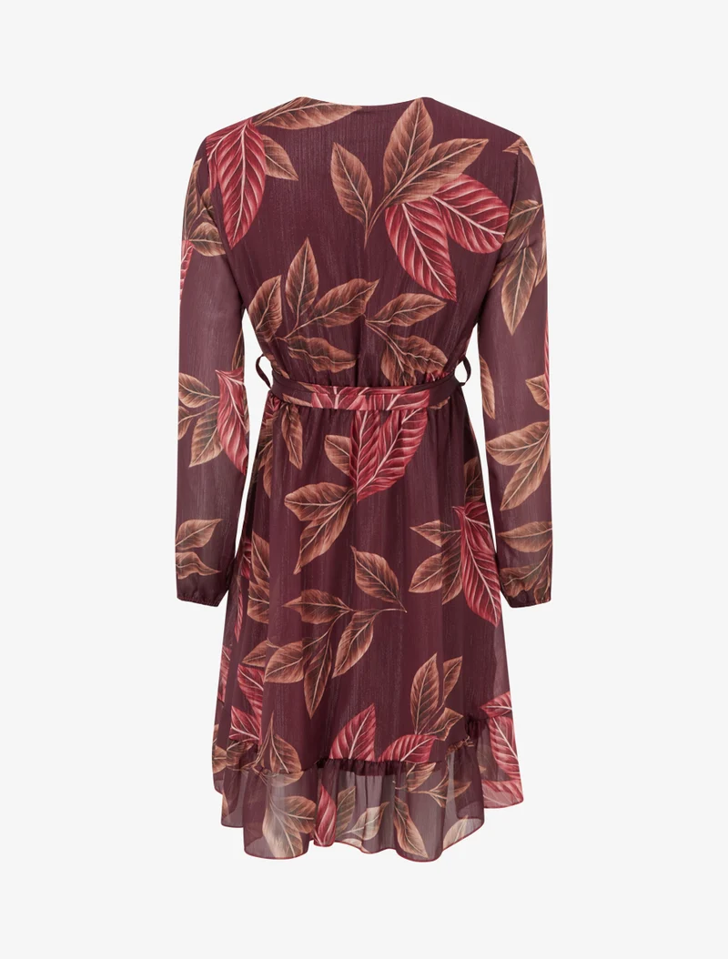 Irisierendes Kleid mit Blätterdruck und Rüschenkanten - Weinrot