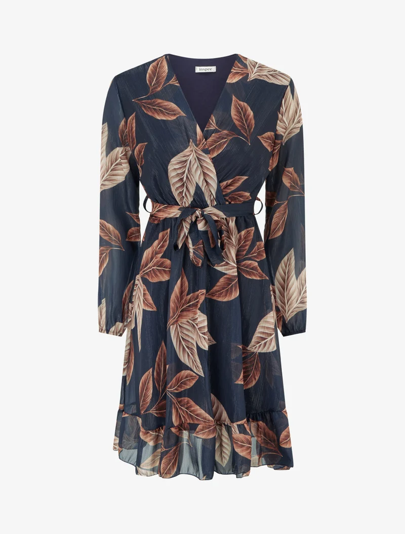 Irisierendes Kleid mit Blätterdruck und Rüschenkanten - Mitternachtsblau