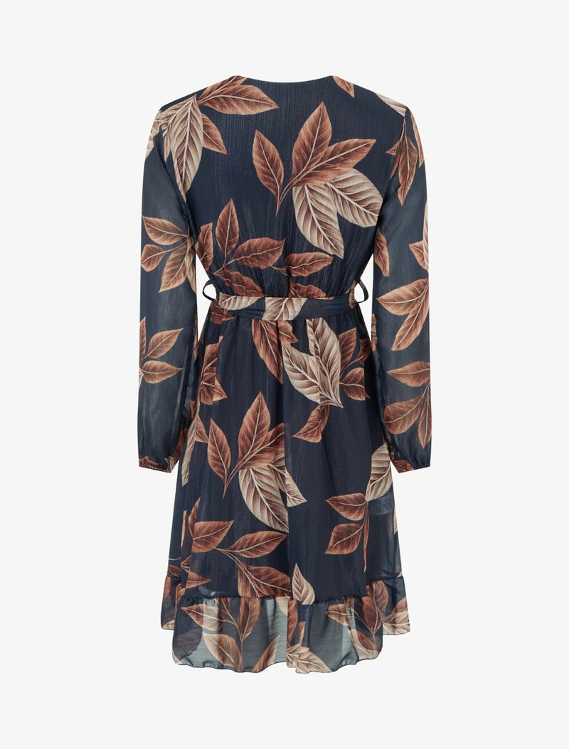 Irisierendes Kleid mit Blätterdruck und Rüschenkanten - Mitternachtsblau