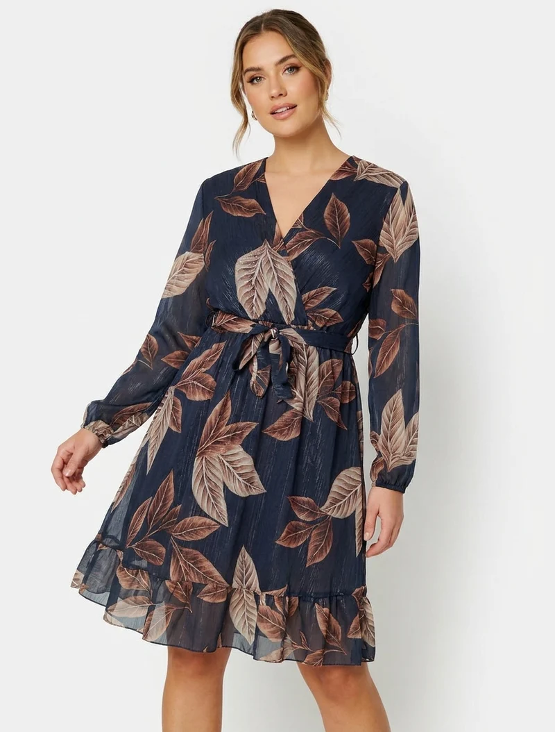 Irisierendes Kleid mit Blätterdruck und Rüschenkanten - Mitternachtsblau