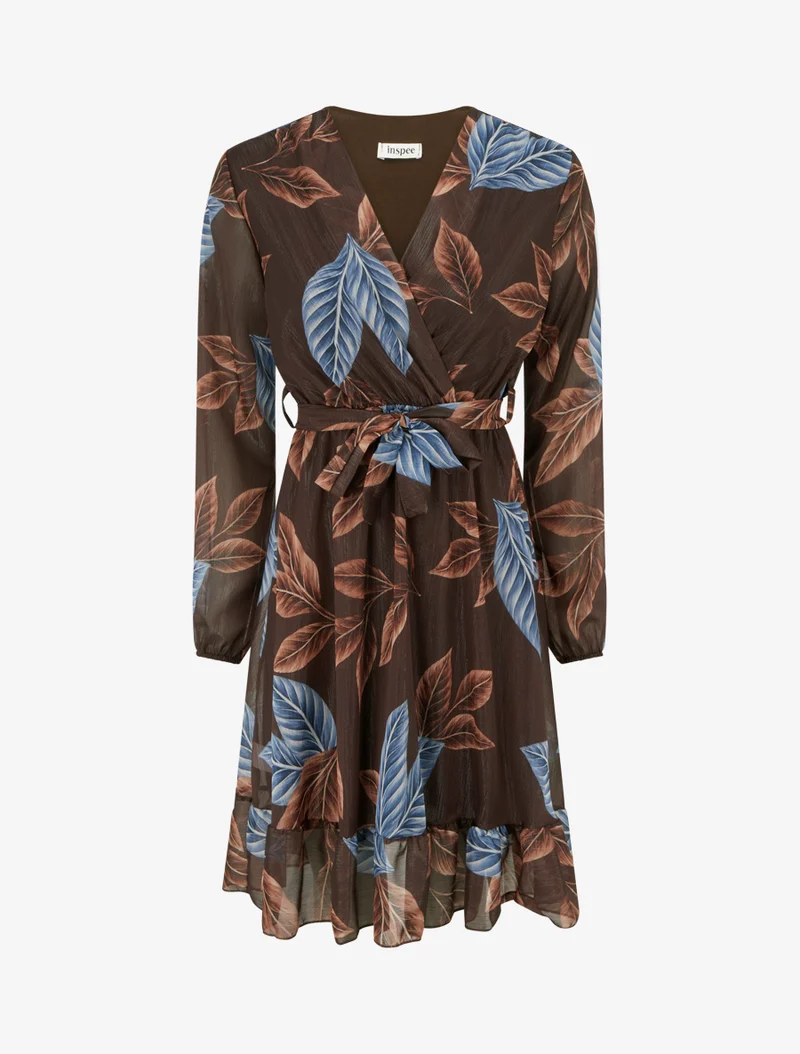 Irisierendes Kleid mit Blätterdruck und Rüschenkanten - Braun