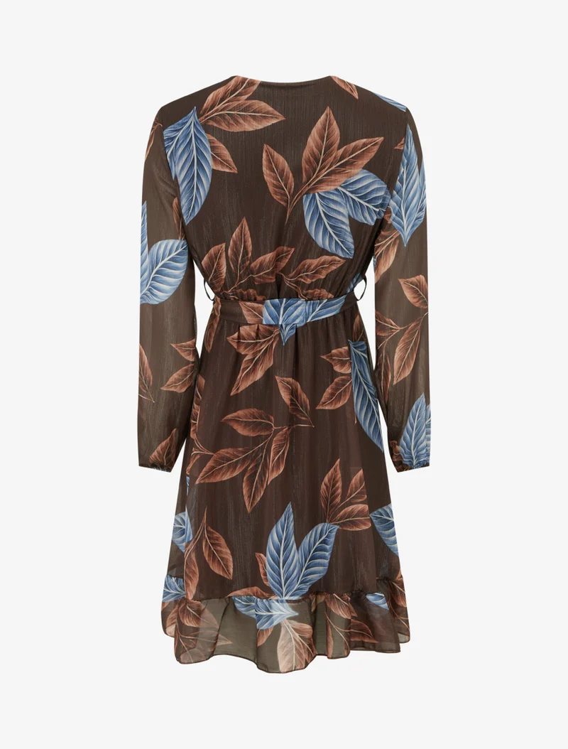 Irisierendes Kleid mit Blätterdruck und Rüschenkanten - Braun