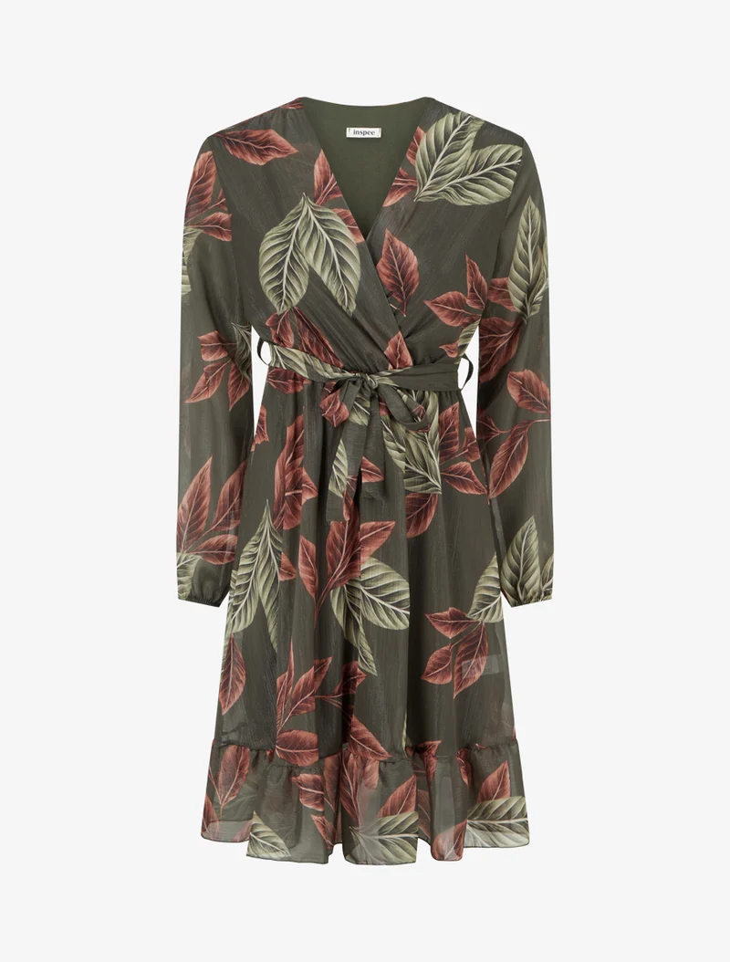 Irisierendes Kleid mit Blätterdruck und Rüschenkanten - Kaki