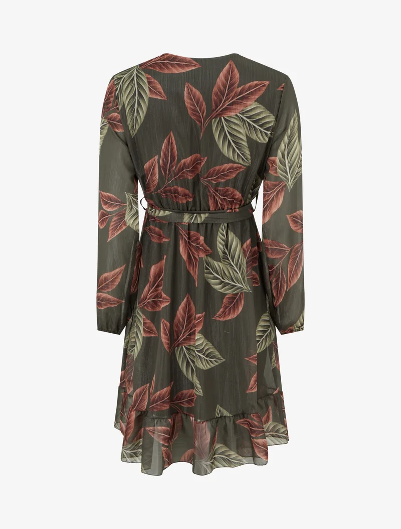 Irisierendes Kleid mit Blätterdruck und Rüschenkanten - Kaki
