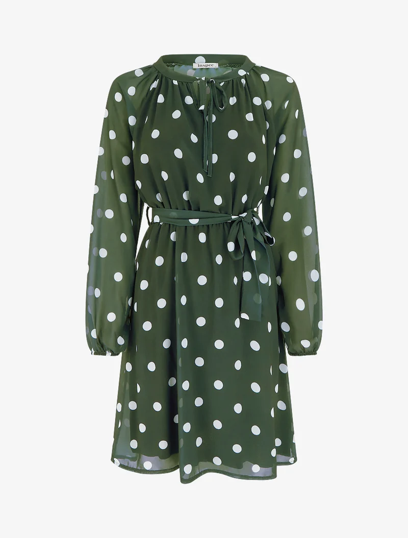 Ausgestelltes gepunktetes Kleid mit langen Ärmeln - Kaki