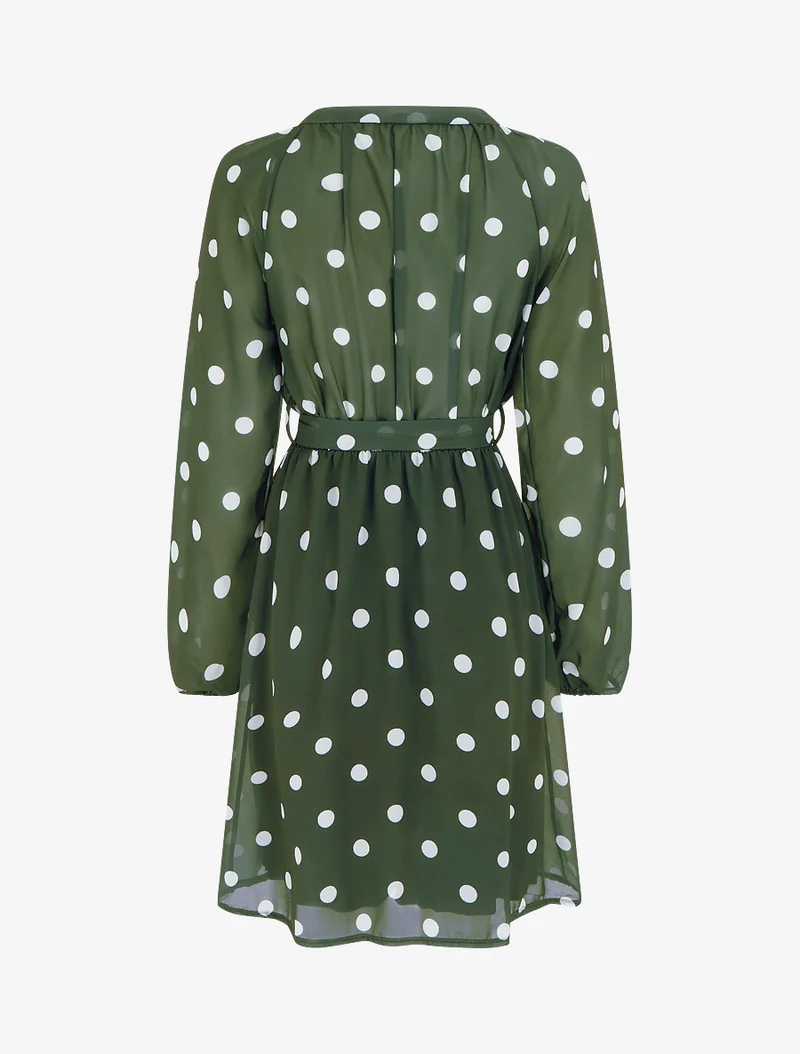 Ausgestelltes gepunktetes Kleid mit langen Ärmeln - Kaki