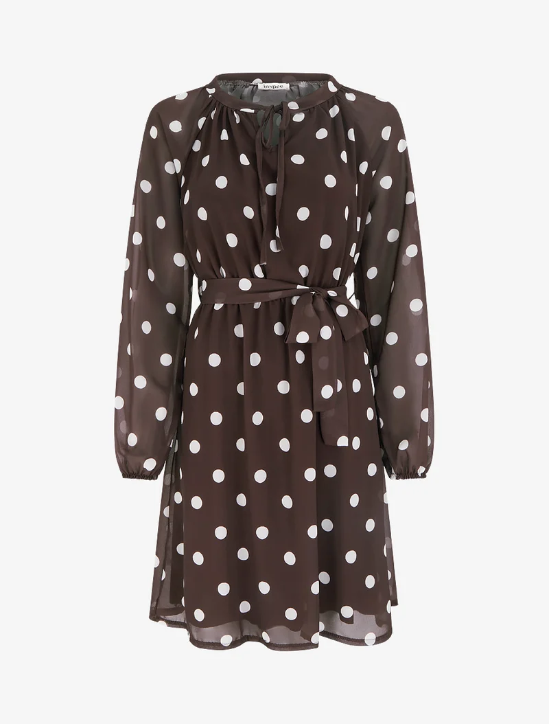 Ausgestelltes gepunktetes Kleid mit langen Ärmeln - Braun