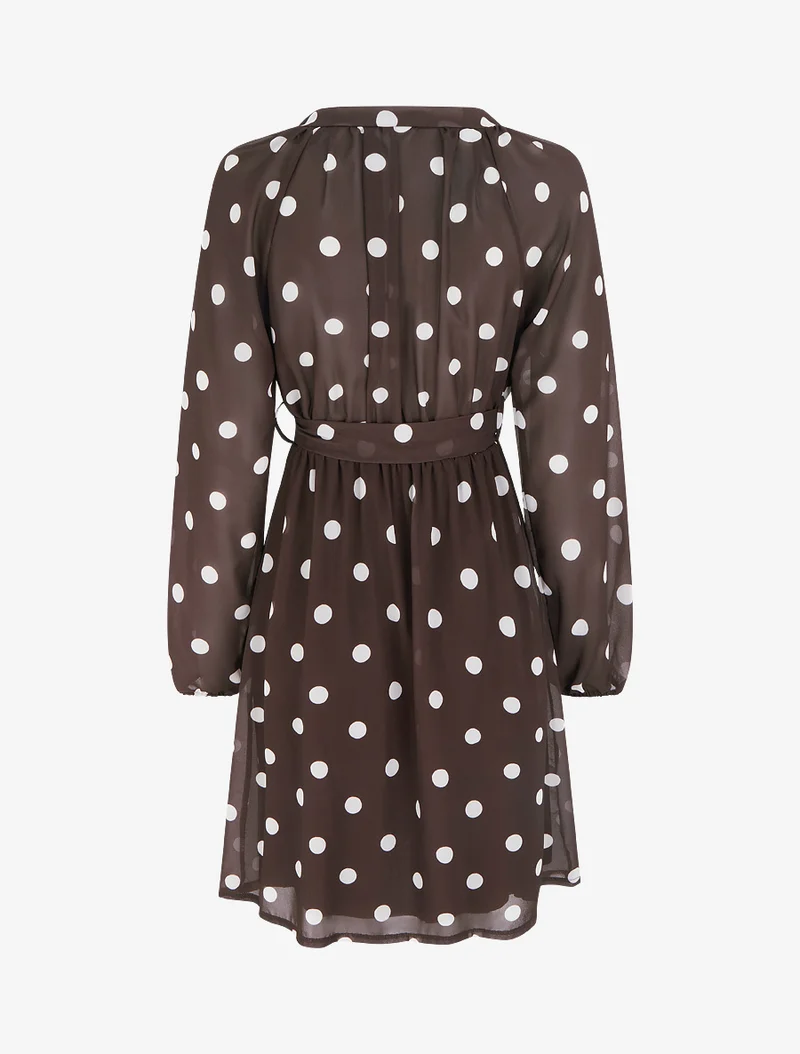 Ausgestelltes gepunktetes Kleid mit langen Ärmeln - Braun