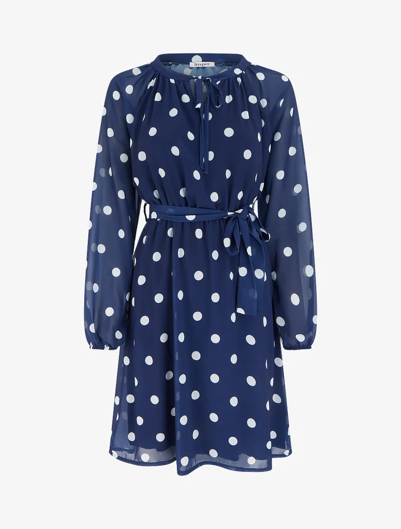 Ausgestelltes gepunktetes Kleid mit langen Ärmeln - Marine