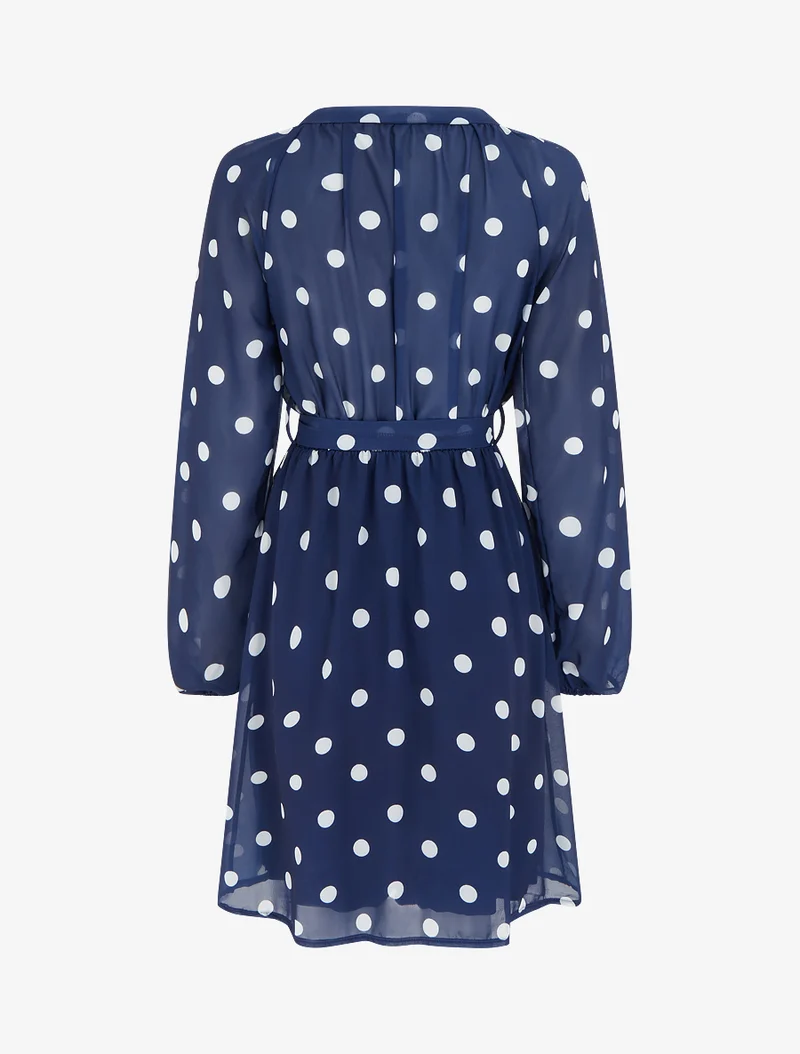 Ausgestelltes gepunktetes Kleid mit langen Ärmeln - Marine
