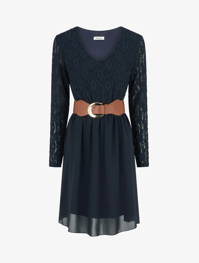 Ausgestelltes Kleid mit Spitzenoberteil - Marine