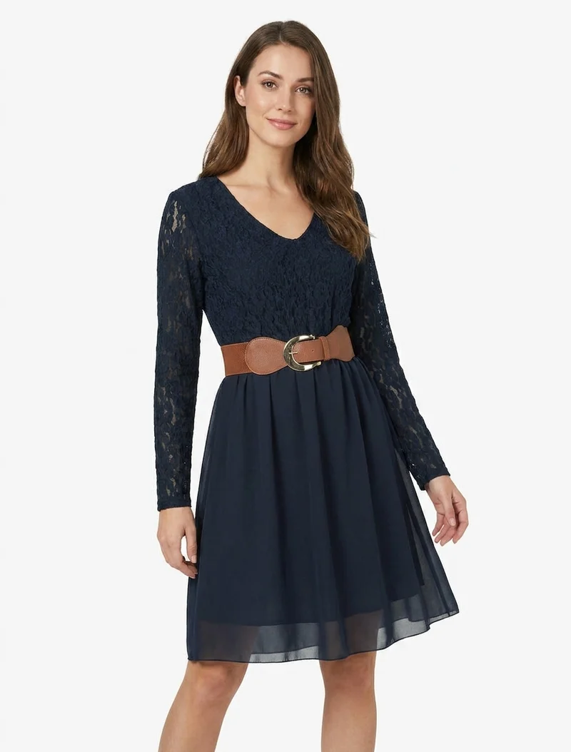 Ausgestelltes Kleid mit Spitzenoberteil - Marine