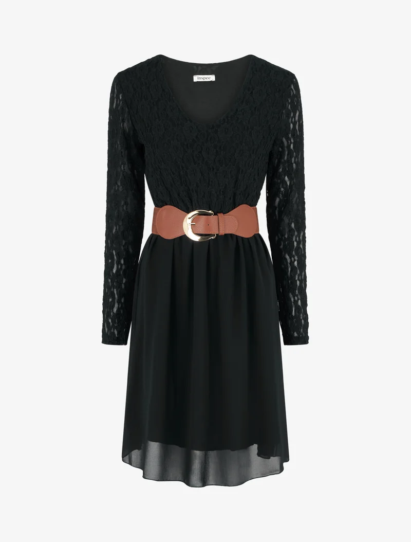 Ausgestelltes Kleid mit Spitzenoberteil - Schwarz