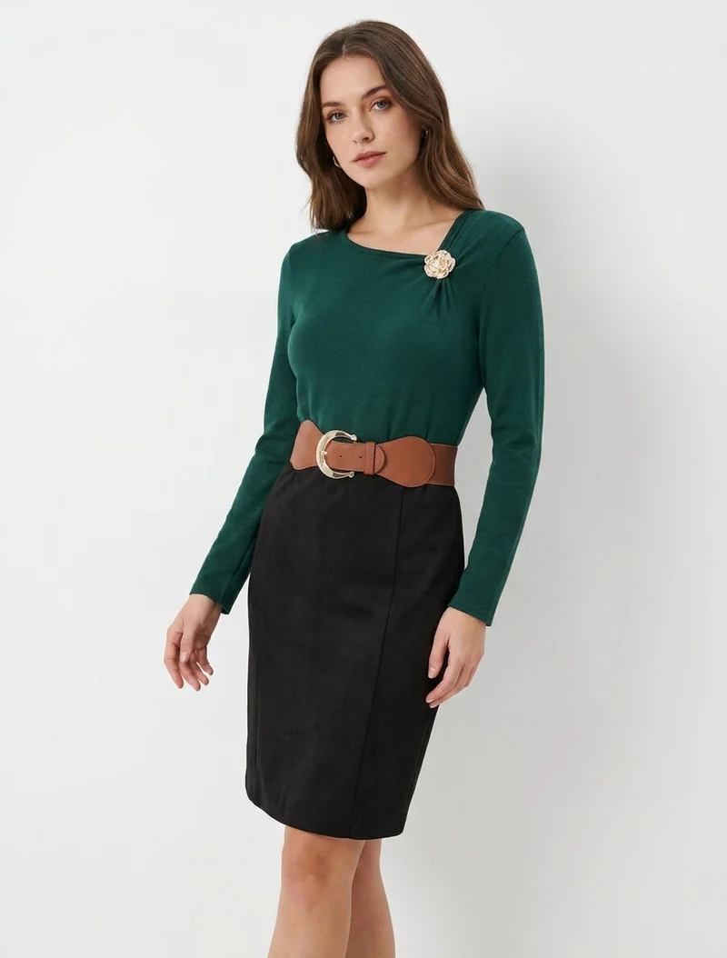 Zweiteiliges Kleid mit geradem Schnitt - Dunkelgrün