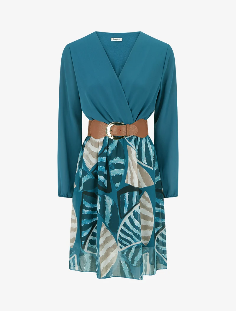 Ausgestelltes Kleid mit abstraktem Blätterdruck - Entenblau