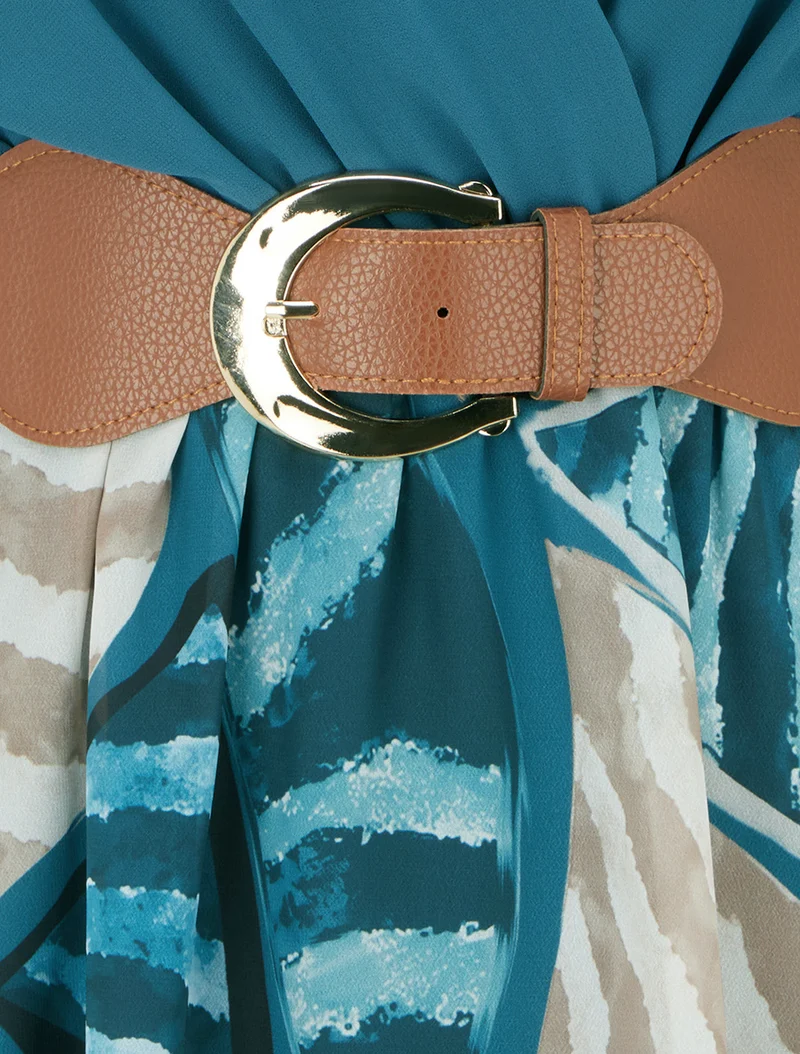 Ausgestelltes Kleid mit abstraktem Blätterdruck - Entenblau