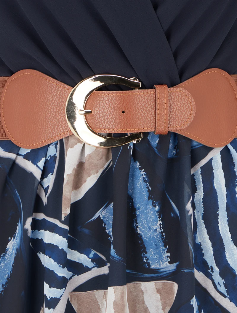 Ausgestelltes Kleid mit abstraktem Blätterdruck - Marine