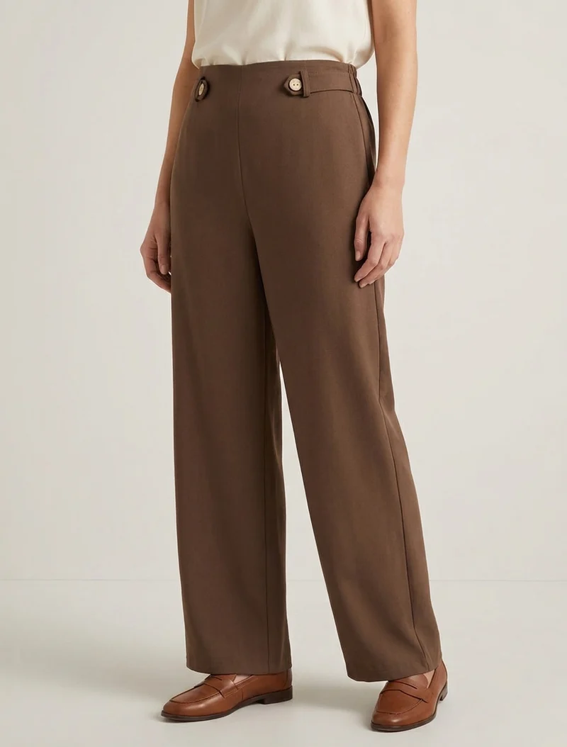 Weit geschnittene Hose mit hoher Taille und dekorativen Knöpfen - Braun