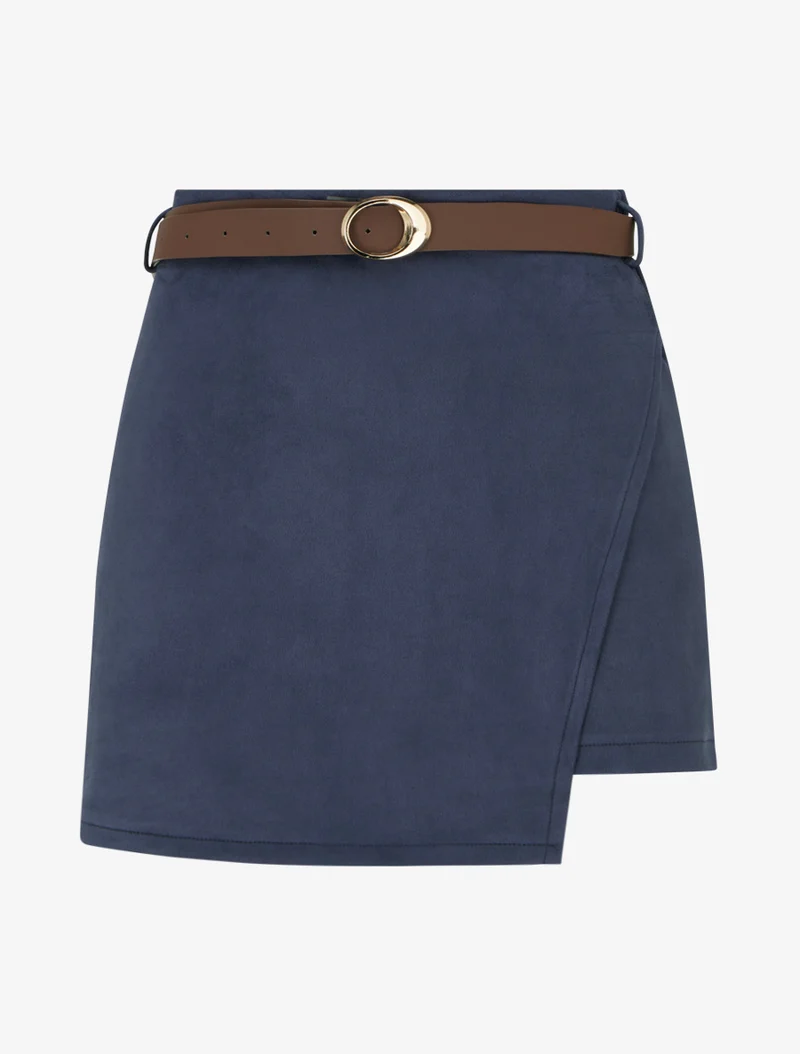 Wickelrock-Shorts aus Wildlederimitat mit Gürtel - Marine