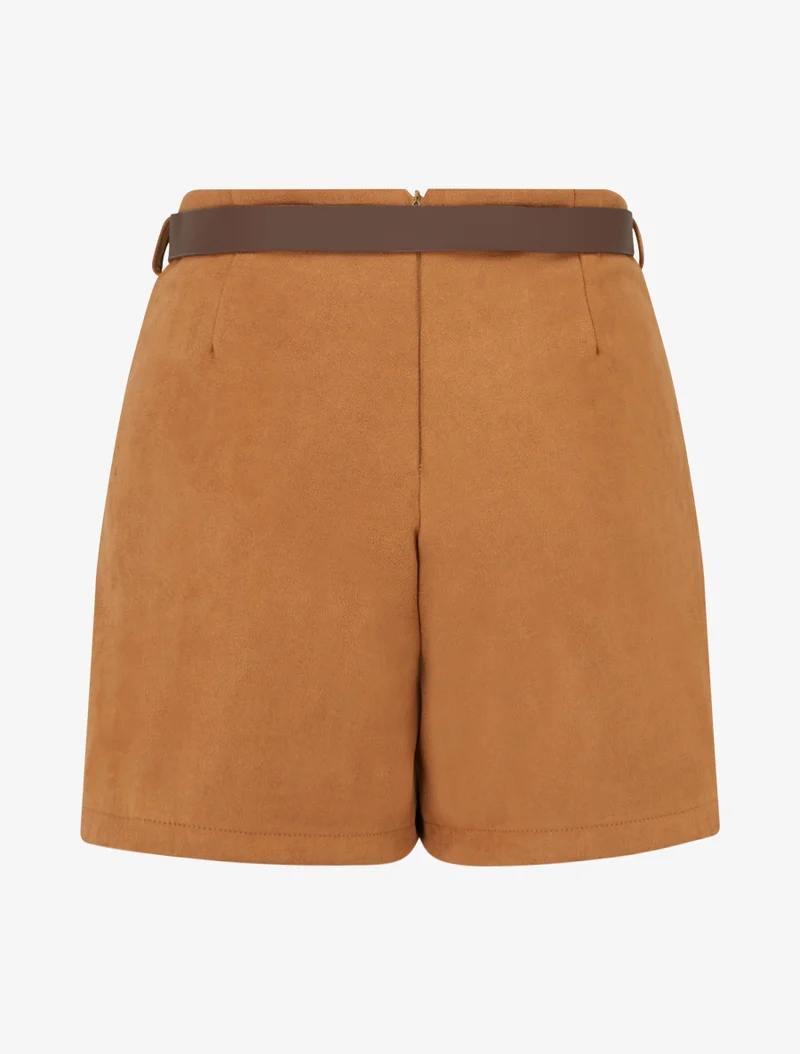 Wickelrock-Shorts aus Wildlederimitat mit Gürtel - Kamel