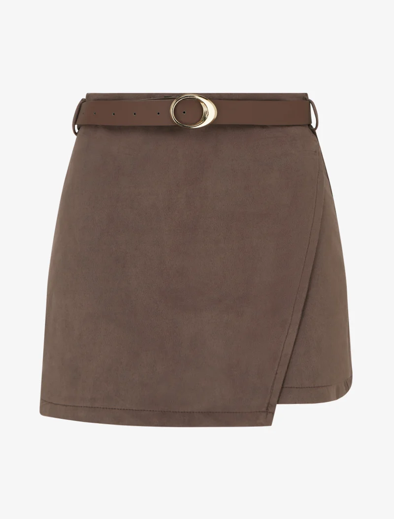 Wickelrock-Shorts aus Wildlederimitat mit Gürtel - Braun