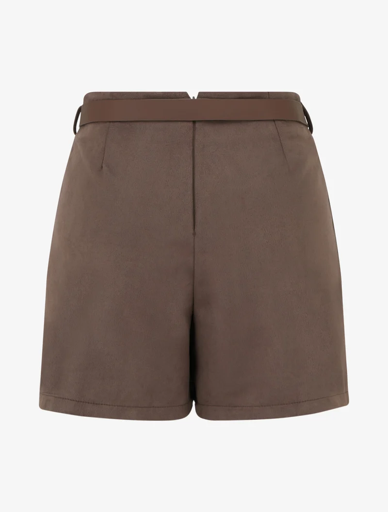 Wickelrock-Shorts aus Wildlederimitat mit Gürtel - Braun
