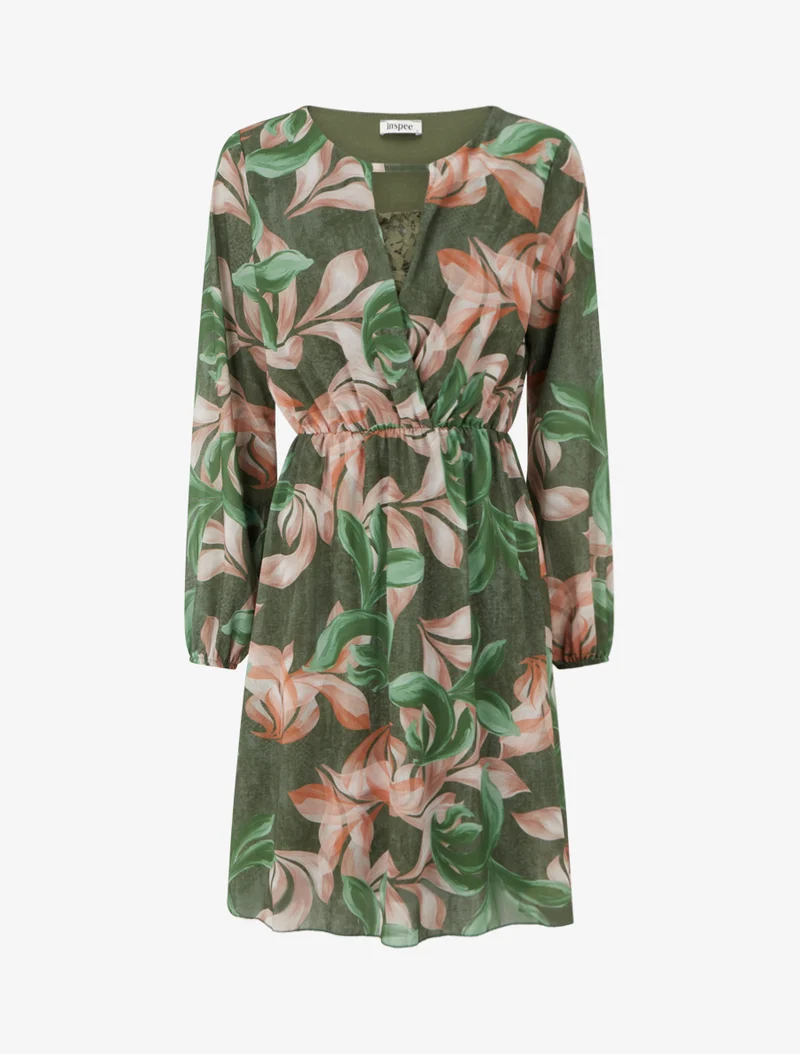 Ausgestelltes Kleid mit fantasievollem Blätterdruck - Grün