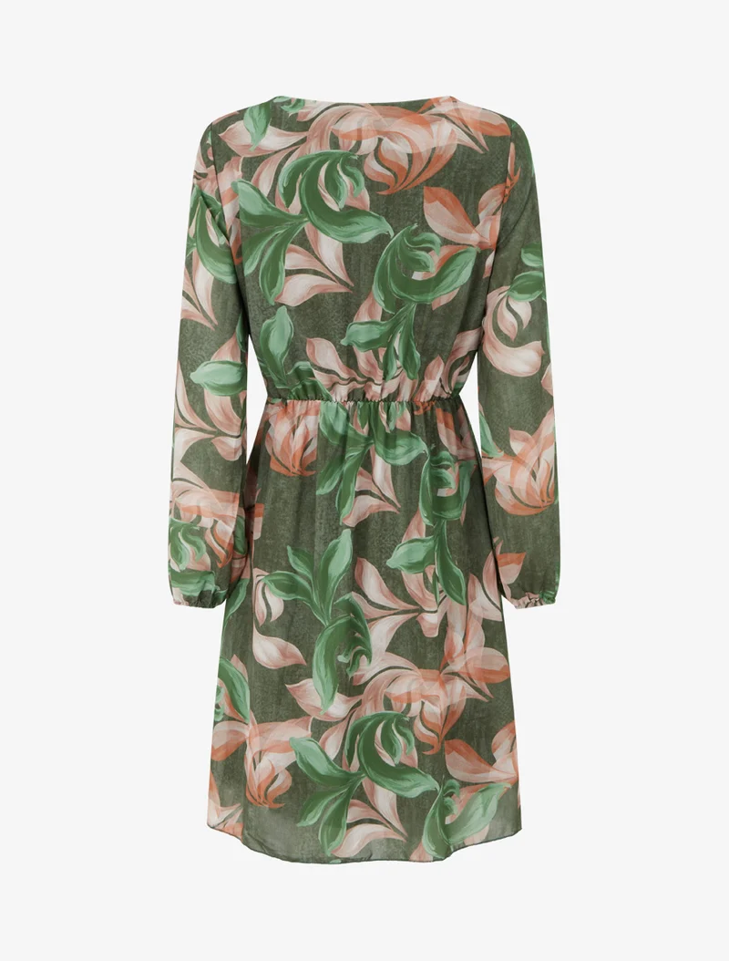 Ausgestelltes Kleid mit fantasievollem Blätterdruck - Grün