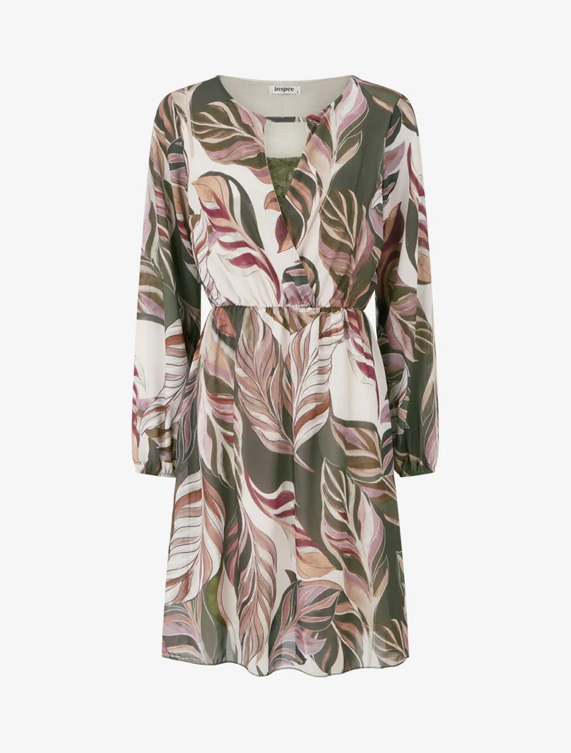 Ausgestelltes Kleid mit stilisiertem Blätterdruck - Kaki