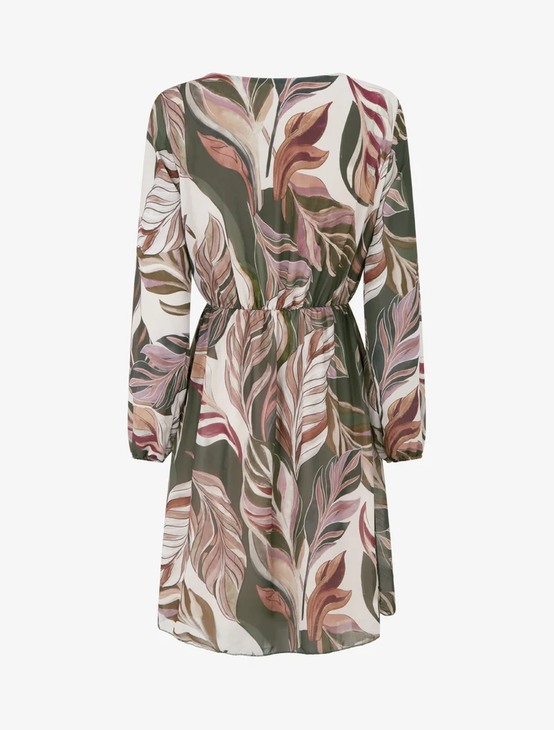 Ausgestelltes Kleid mit stilisiertem Blätterdruck - Kaki