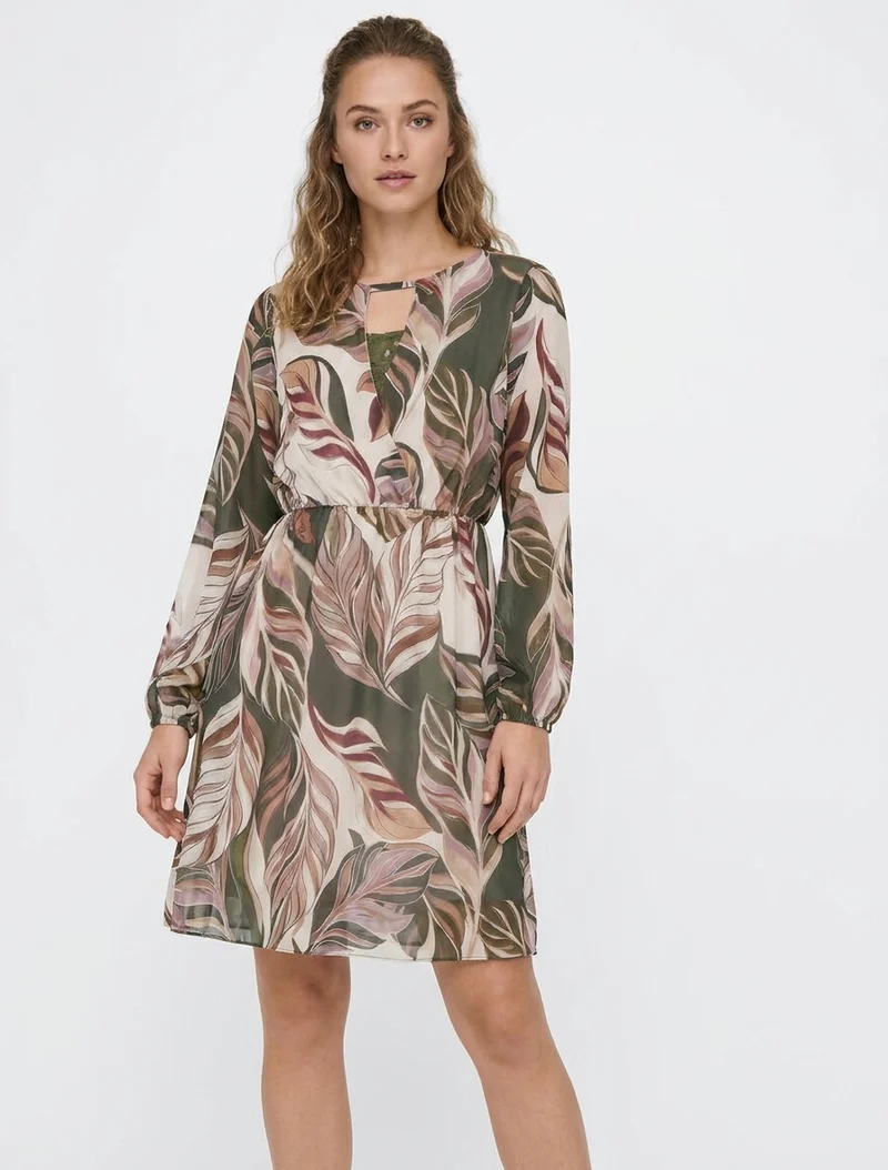 Ausgestelltes Kleid mit stilisiertem Blätterdruck - Kaki
