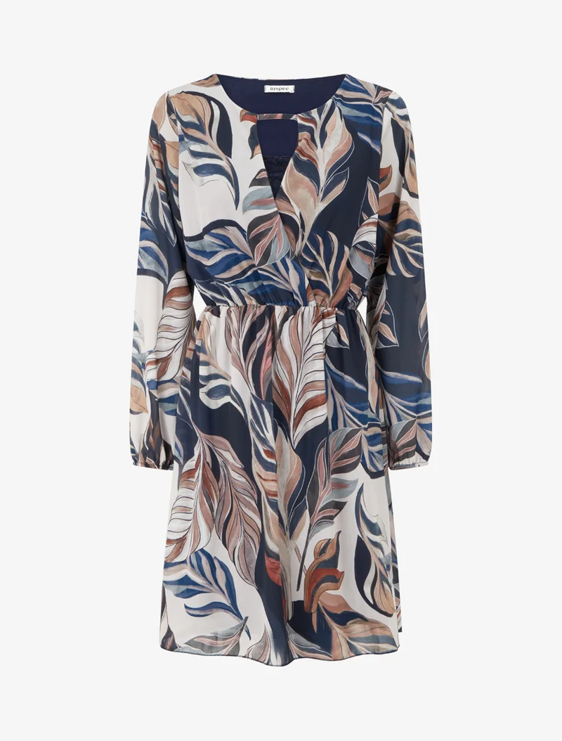 Ausgestelltes Kleid mit stilisiertem Blätterdruck - Marine