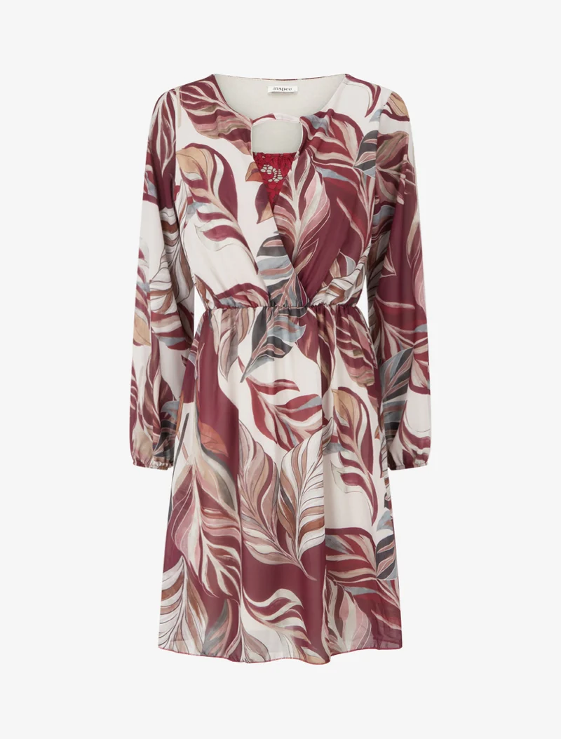 Ausgestelltes Kleid mit stilisiertem Blätterdruck - Weinrot