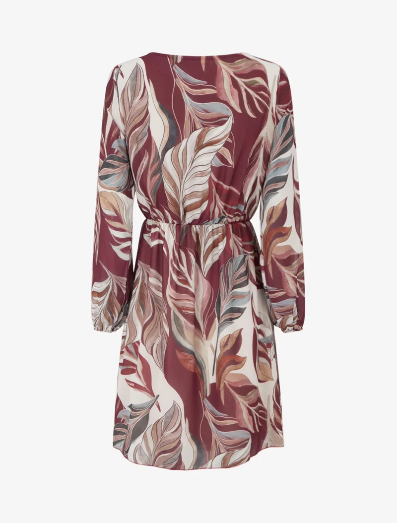 Ausgestelltes Kleid mit stilisiertem Blätterdruck - Weinrot