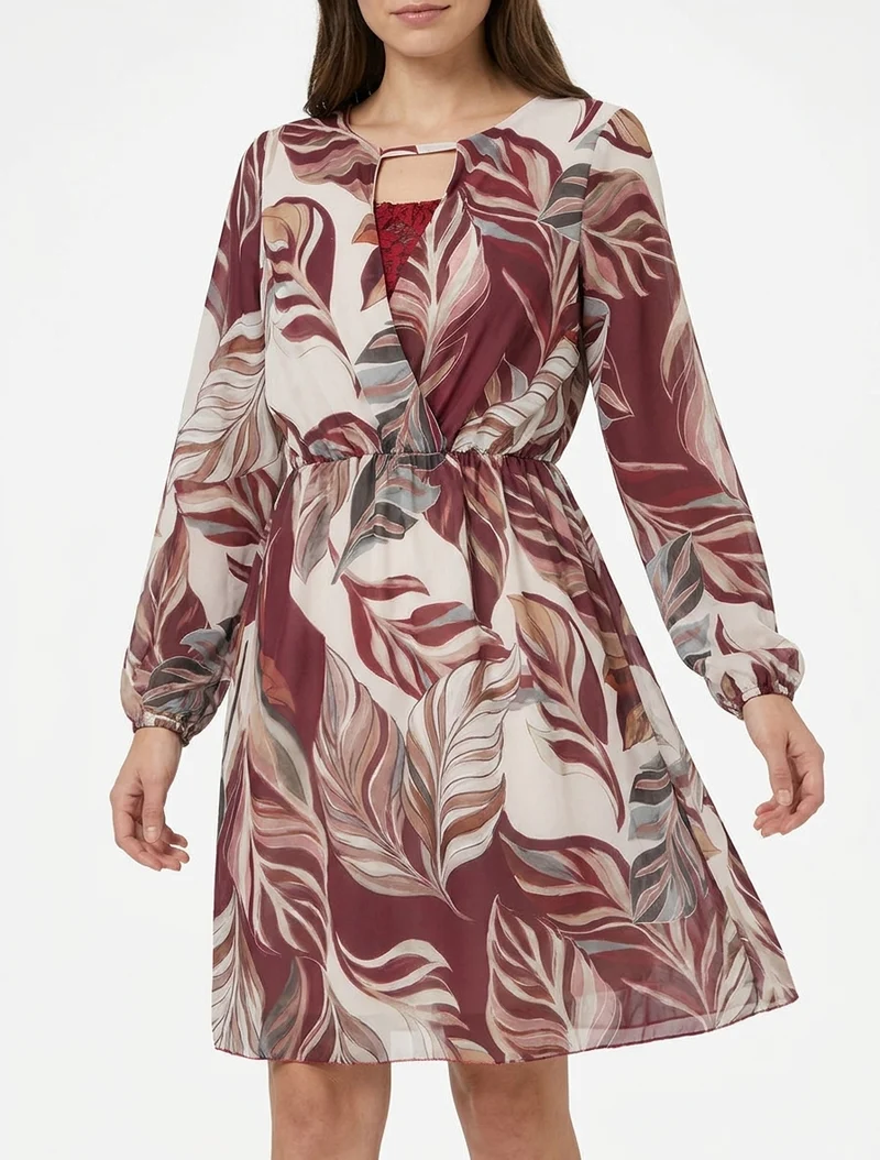 Ausgestelltes Kleid mit stilisiertem Blätterdruck - Weinrot