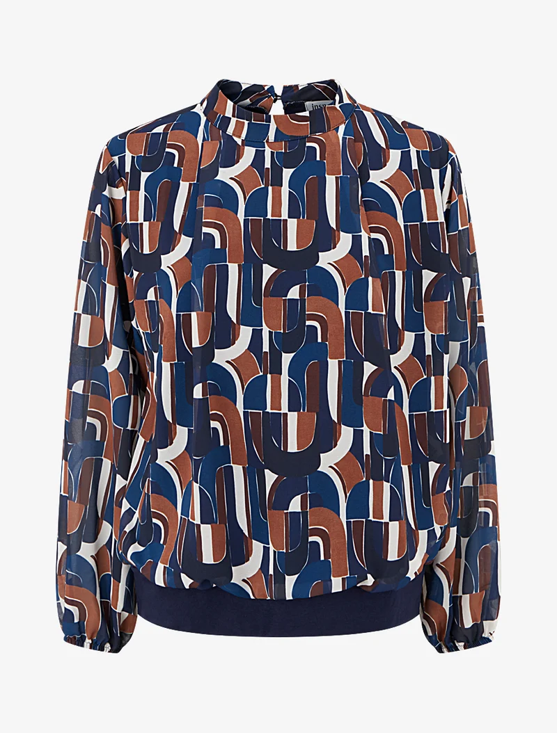 Retro-bedruckte Bluse mit elastischen Bündchen - Marine