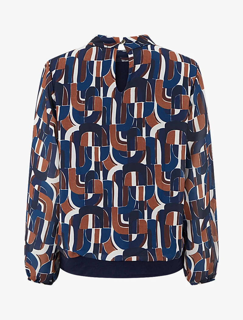 Retro-bedruckte Bluse mit elastischen Bündchen - Marine