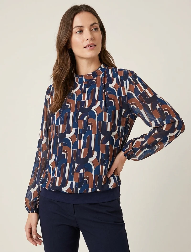 Retro-bedruckte Bluse mit elastischen Bündchen - Marine