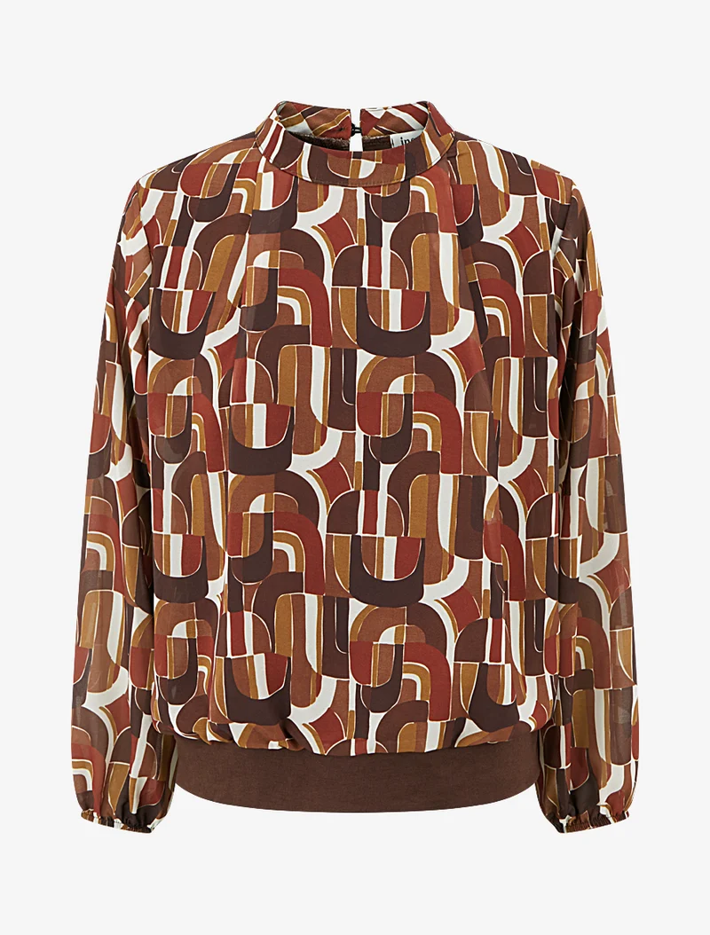 Retro-bedruckte Bluse mit elastischen Bündchen - Braun
