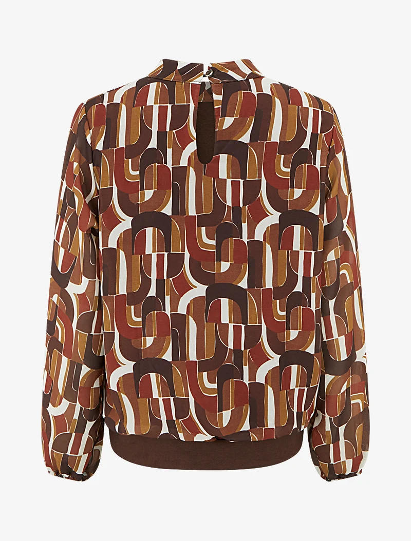 Retro-bedruckte Bluse mit elastischen Bündchen - Braun