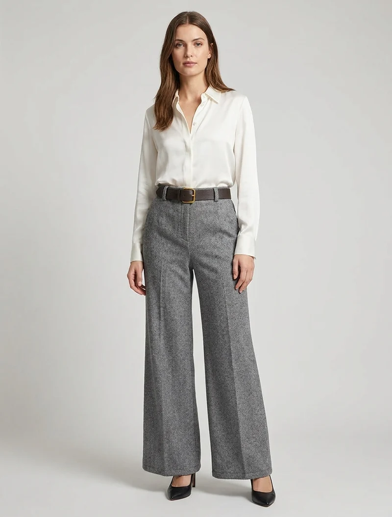 Weite Hose aus Filz mit hoher Taille - Grau