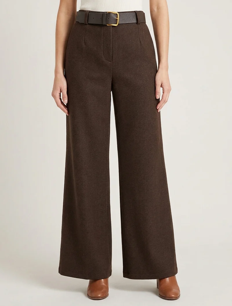 Weite Hose aus Filz mit hoher Taille - Braun